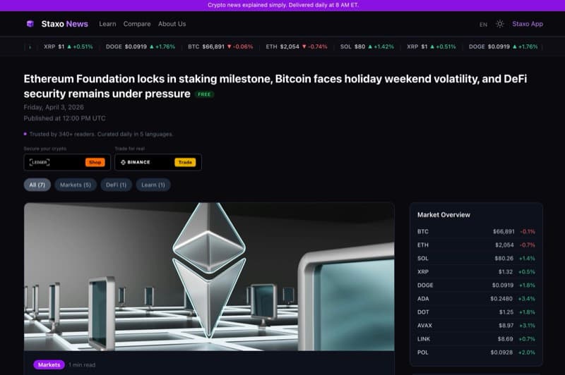 Staxo News - web platforma ai-kuriran dnevni crypto digest na 5 jezika. automatizirano generiranje sadržaja, email pretplate i tržišni pregled.