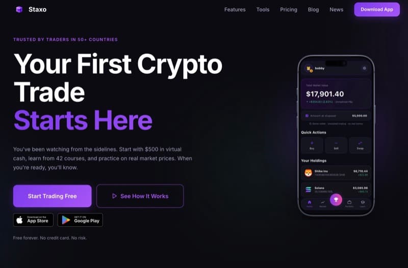Staxo - mobilna aplikacija kripto simulacijska platforma za učenje trgovanja bez rizika. ios i android.