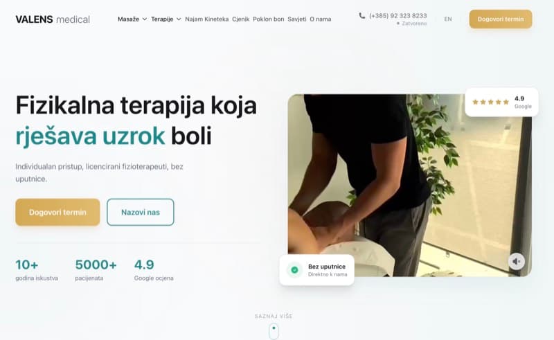 Valens Medical - web stranica web prezentacija za kliniku fizikalne terapije s online naručivanjem i seo optimizacijom.