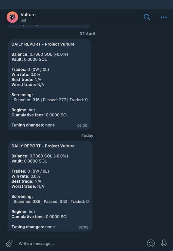 Vulture - trading bot solana memecoin trading bot s automatskim screeningom, praćenjem pozicija i telegram izvještajima.